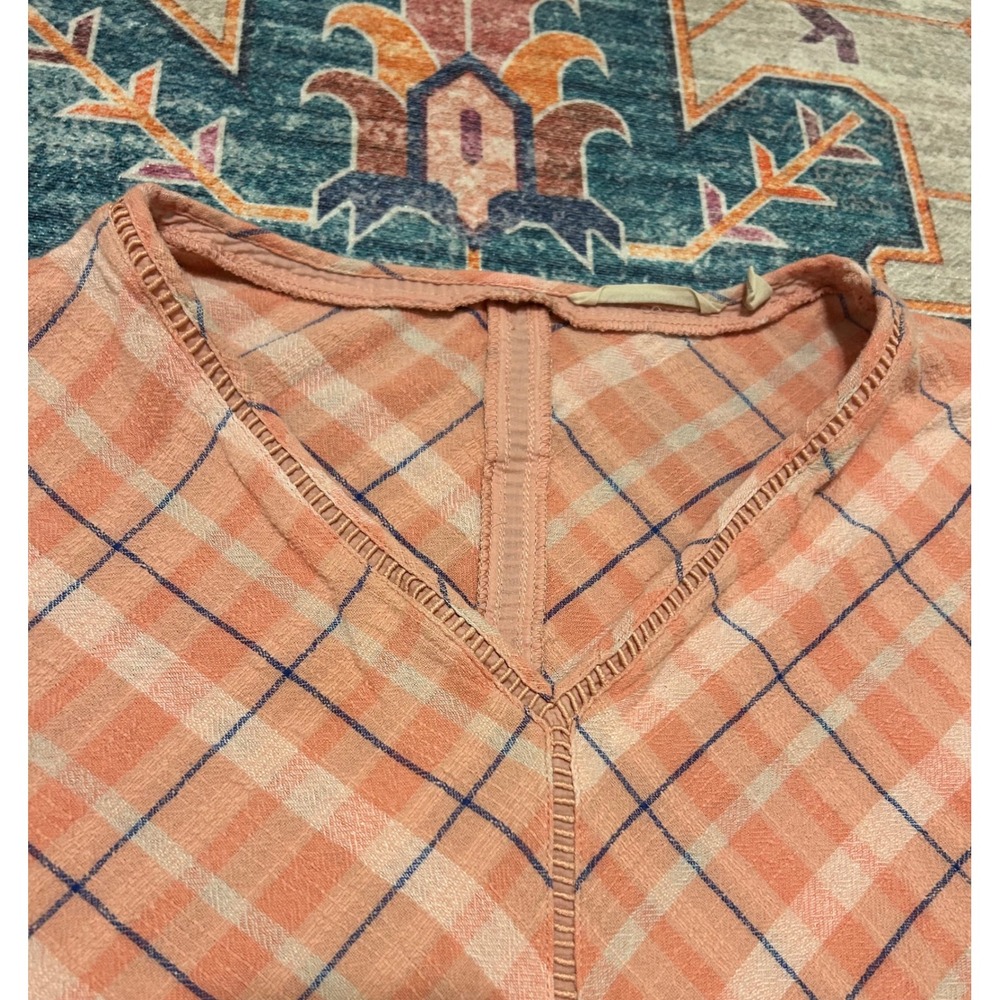 Soft Surroundings 2X Pink Peach Vneck tunic cotton plaid Lagen beach cottage top - Picture 2 of 9